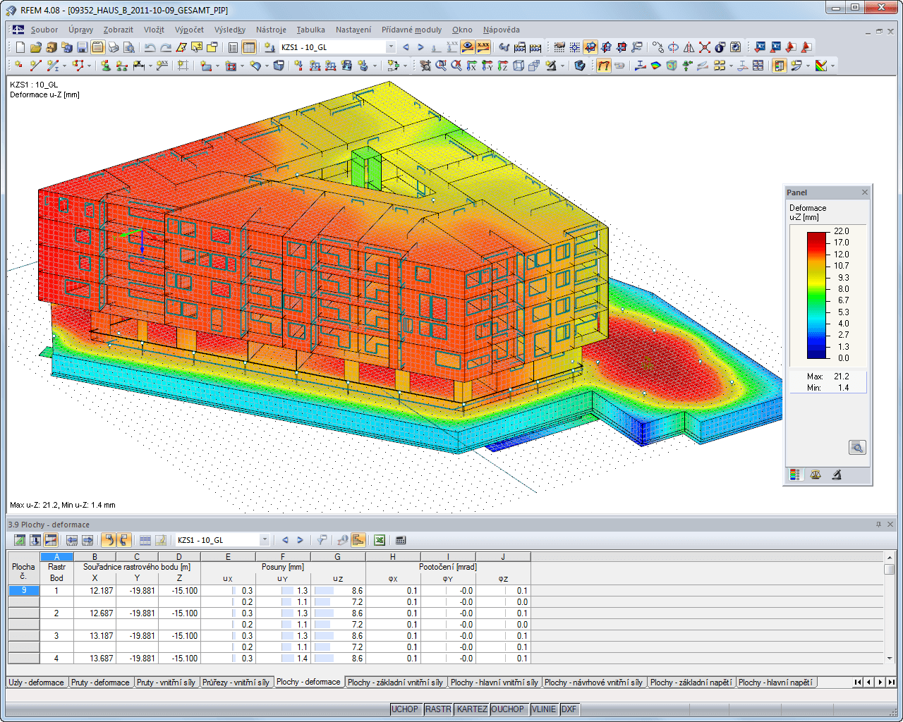 Zobrazení deformací pro Budovu B v 3D renderingu programu RFEM (© AGA-Bau)