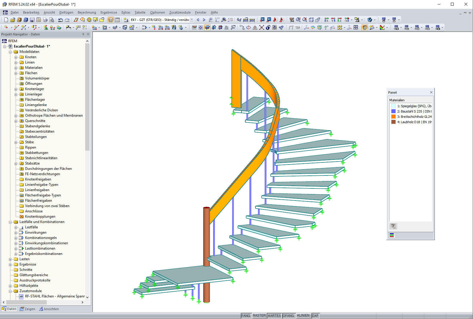 3D-Modell der Treppe aus verschiedenen Materialien (Holz, Stahl, Glas) in RFEM (© YLEx)