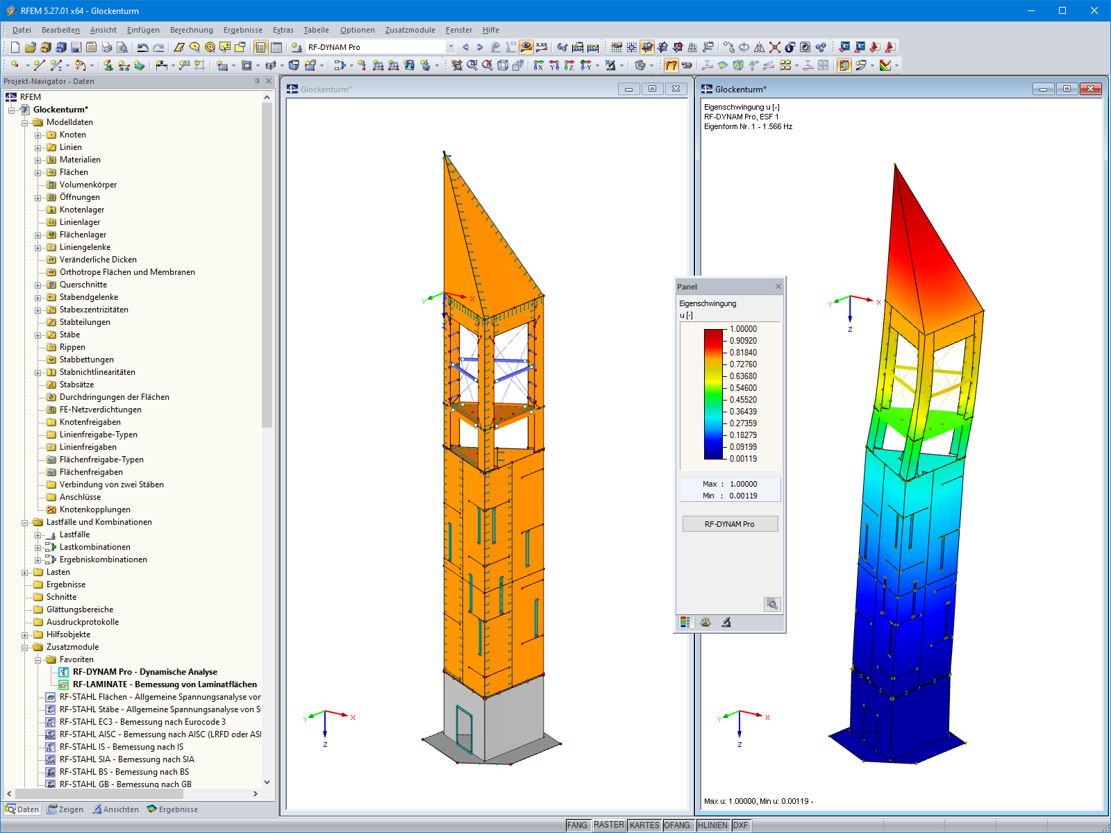 Turmmodell (links) und 1. Eigenform (rechts) in RFEM (© ingwh)