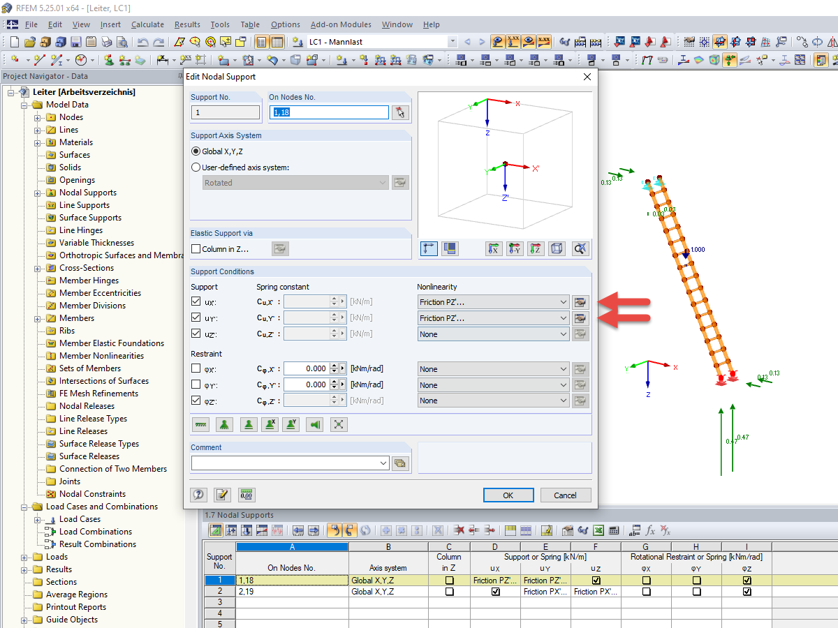 Defining Nonlinearity of Support Conditions at Nodal Supports