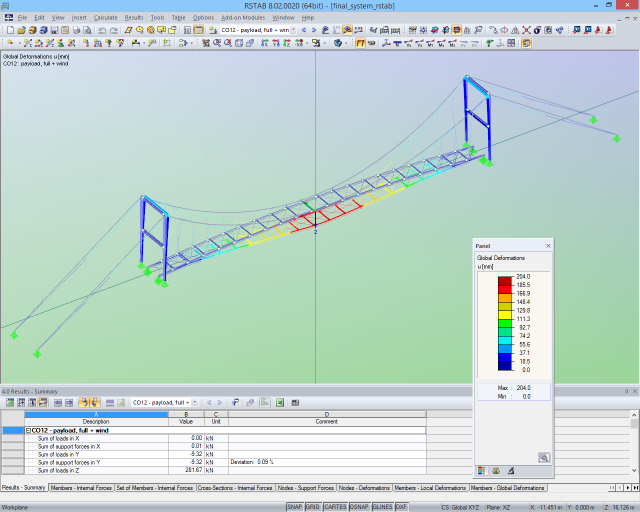 RSTAB Model of Suspension Bridge with Representation of Deformation (© EWB Karlsruhe)