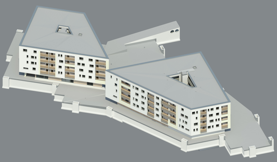 Complete Model of Apartment Complex with Building A (Left) and Building B (Right) (© AGA-Bau)