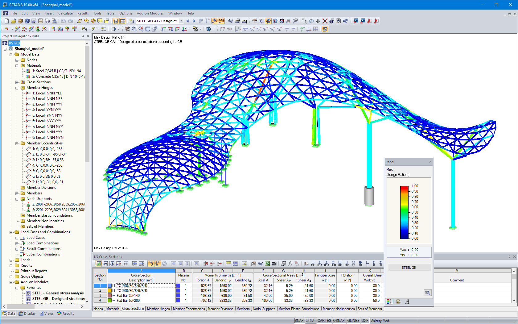 Modelo em 3D da estrutura em aço com os resultados do dimensionamento estrutural, de acordo com a GB 50017-2003 in RSTAB (© Novum Structures LLC)