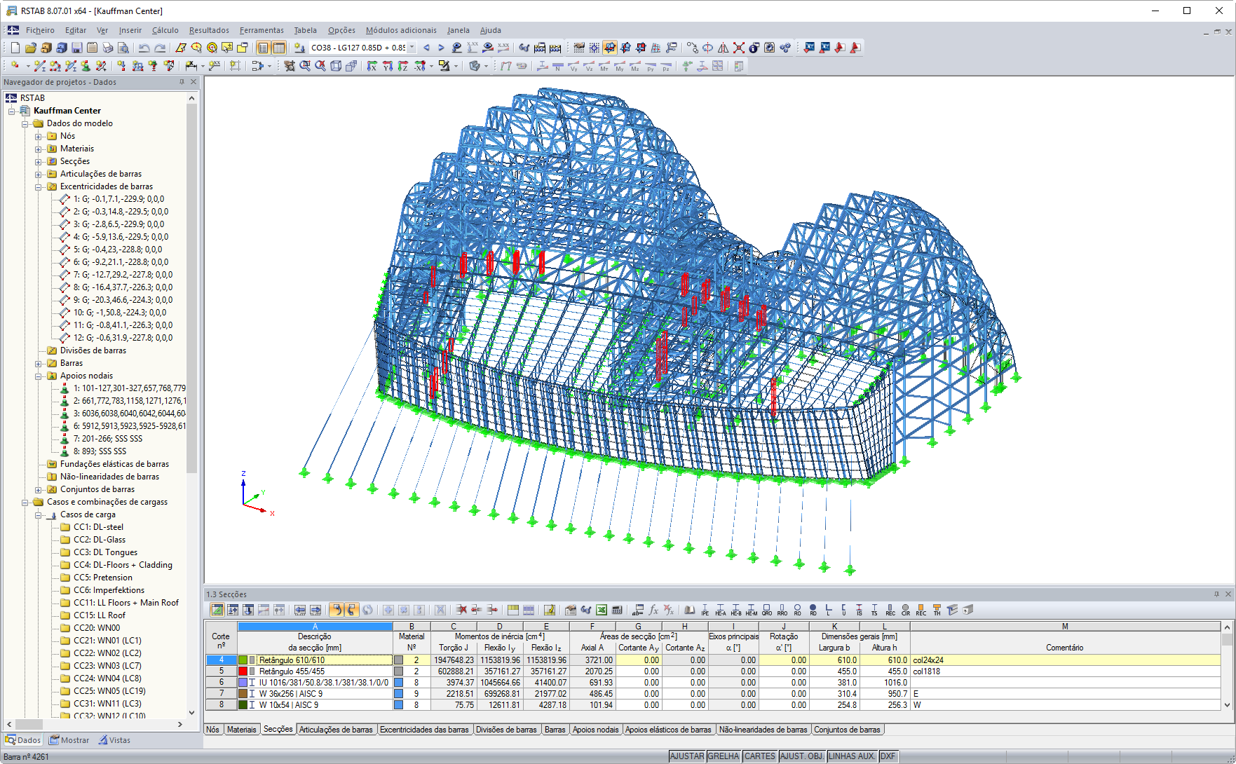 Modelo 3D da estrutura de apoio de aço do átrio no RSTAB (© www.novumstructures.com)