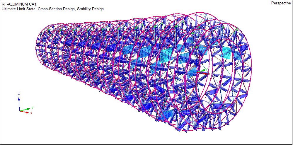 Modelo RFEM com resultados de dimensionamento do RF-ALUMINIUM (© T&E Support)