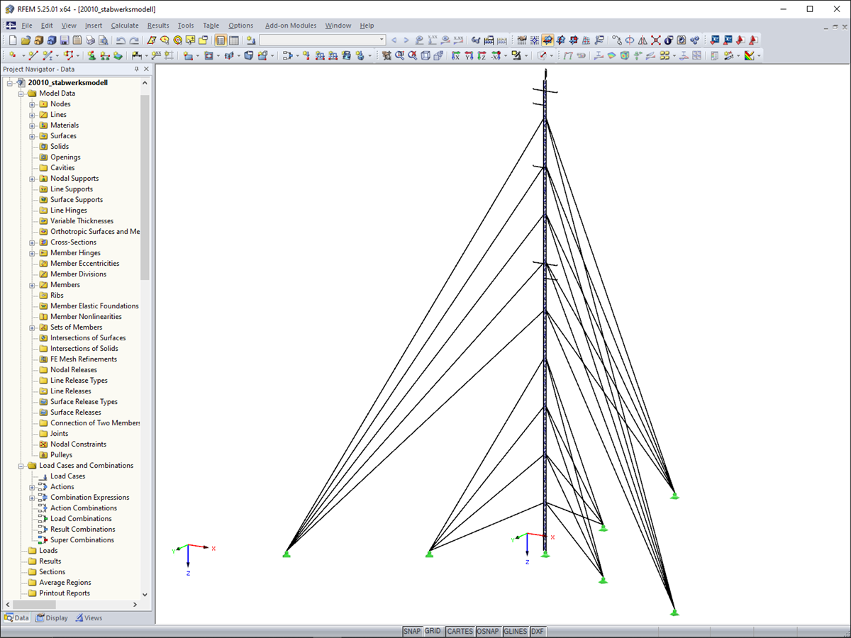 Modelo 3D do mastro de medição do vento no RFEM (© m3-ZT GmbH)