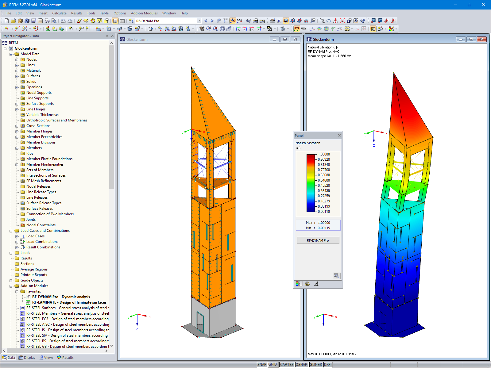 Modelo da torre (esquerda) e primeira forma própria (direita) no RFEM (© ingwh)
