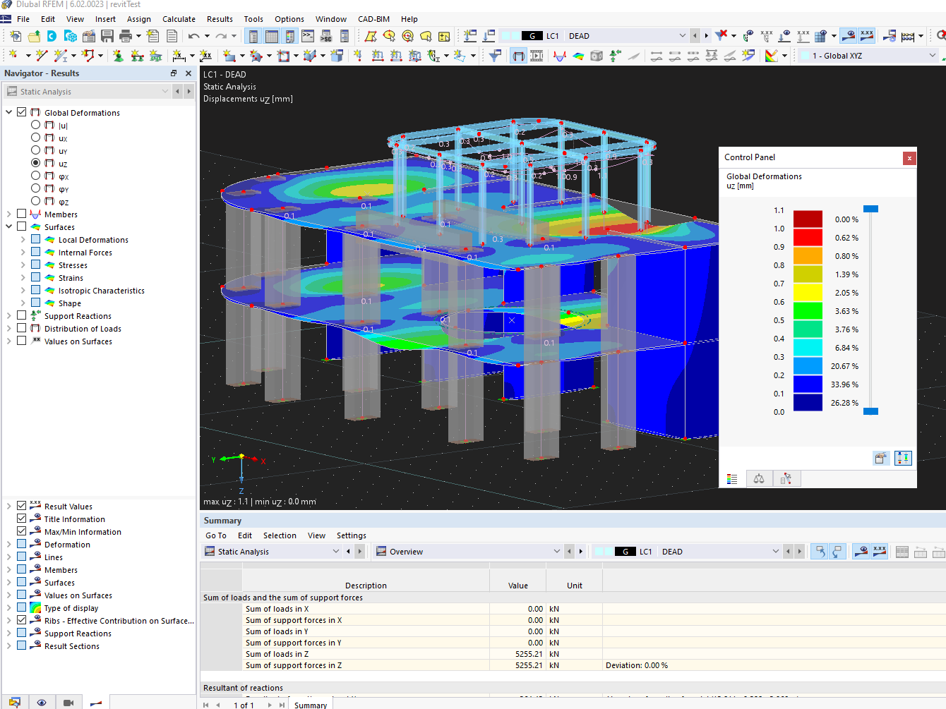 Statický model v programu RFEM s výsledky výpočtu