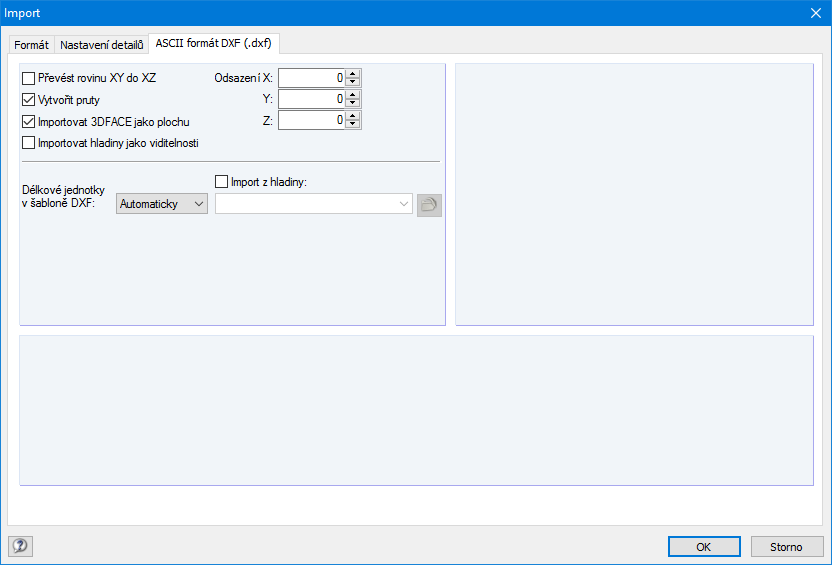 Nastavení detailů pro import DXF