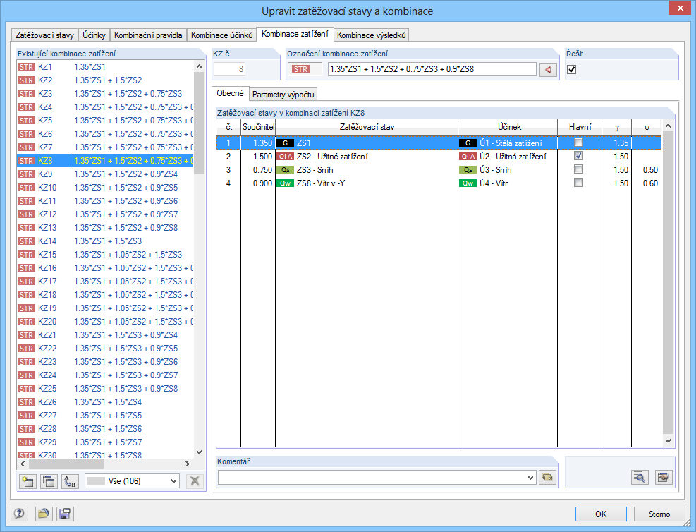 EC 0: Vygenerované kombinace zatížení v programu RFEM