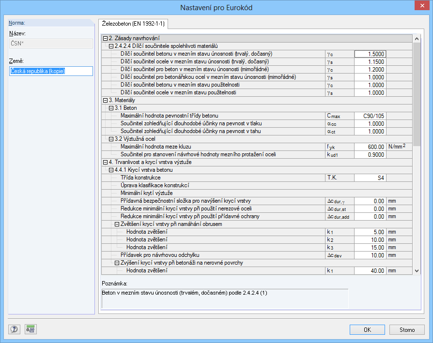 EC 2: Nastavení pro Eurokód v EC2 for RSTAB/RFEM