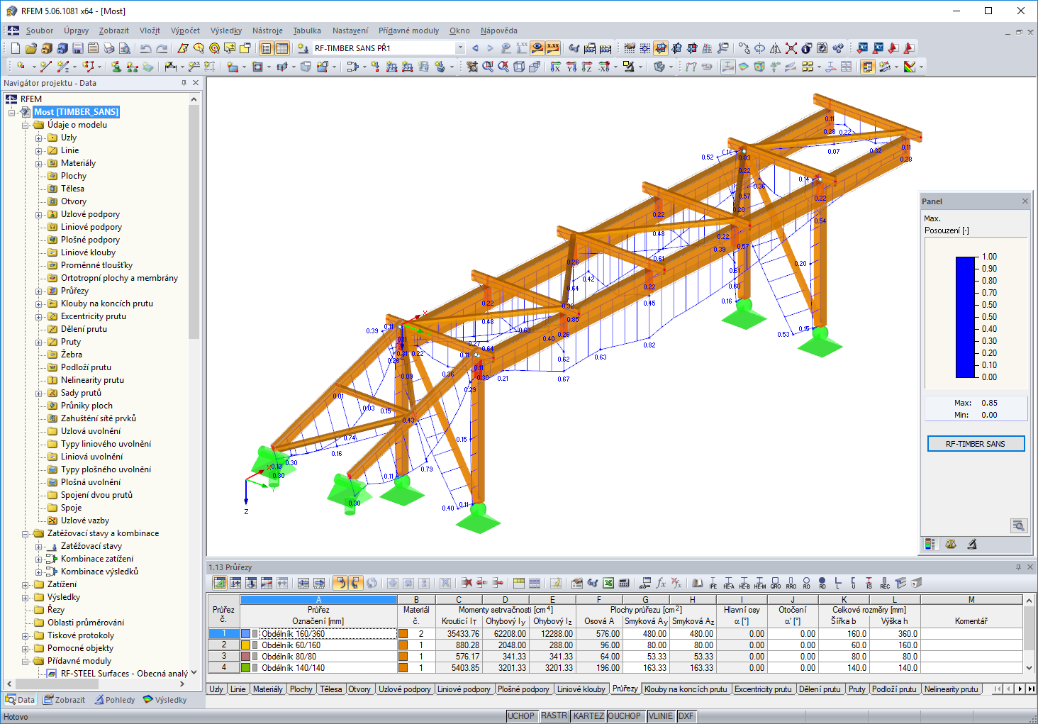 3-D zobrazené využití na modelu v programu RFEM