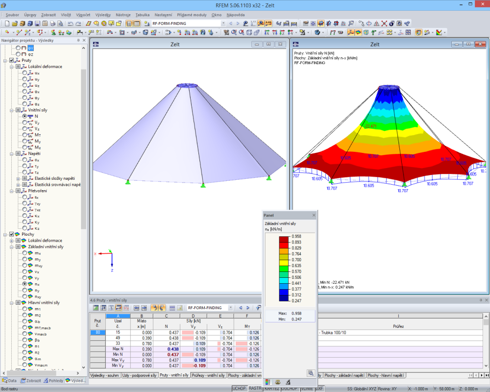 Stanová konstrukce před a po form-findingu v programu RFEM