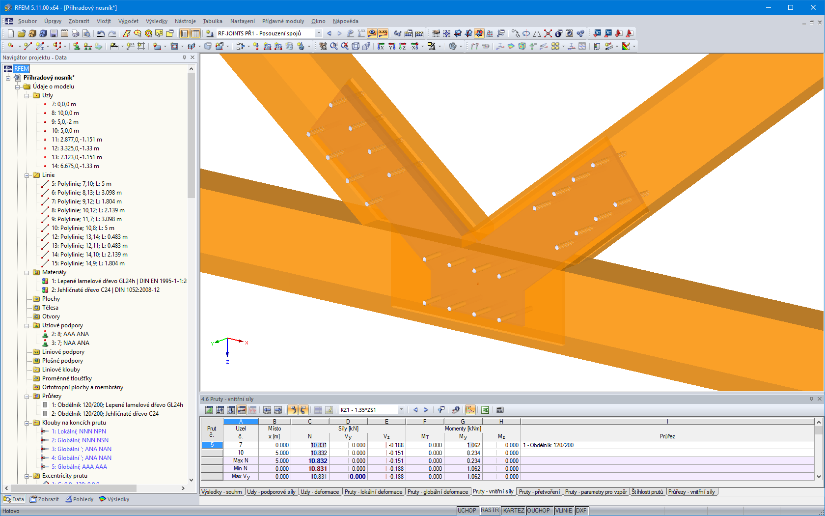 Vizualizace spoje z RF-JOINTS Timber - Steel to Timber v programu RFEM