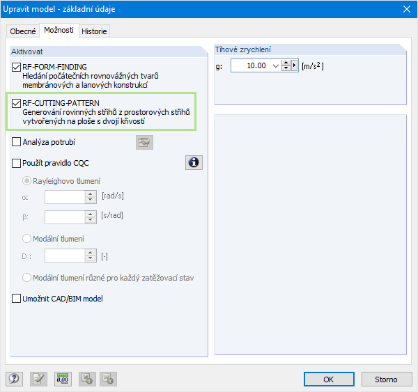 Aktivace RF-CUTTING-PATTERN v základních údajích programu RFEM