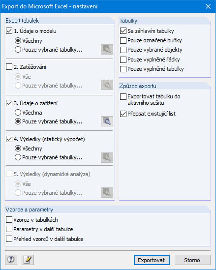 Einstellungen der Exporttabellen nach MS Excel