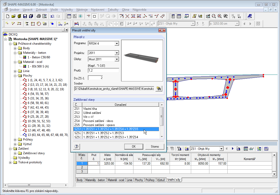 SHAPE-MASSIVE Program pro průřezové charakteristiky-Import vnitřních sil z programu RFEM nebo RSTAB