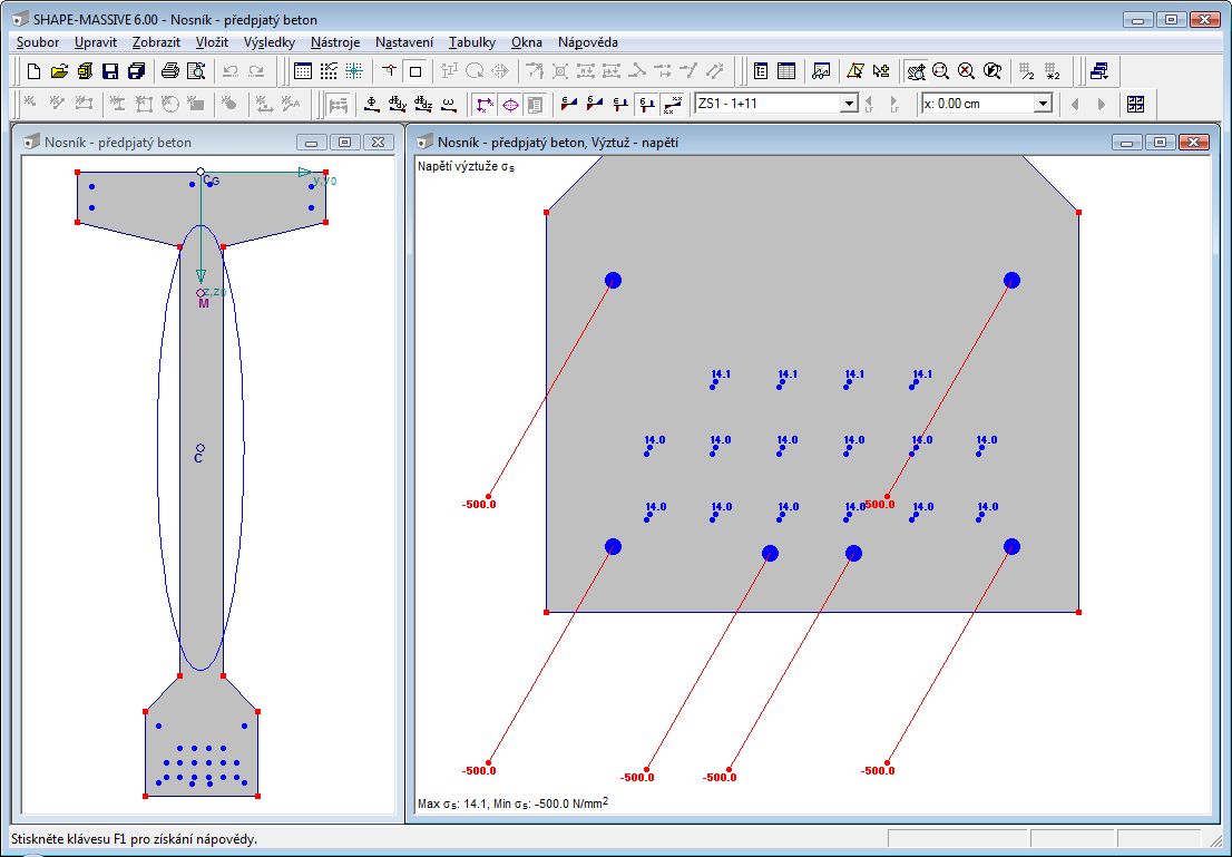 Program SHAPE-MASSIVE Průřezové charakteristiky-napětí na výztuži předpjatého betonového nosníku