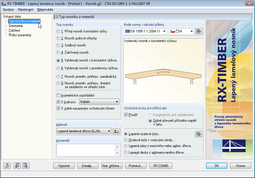 Dialog 1.1 Typ a materiál nosníku