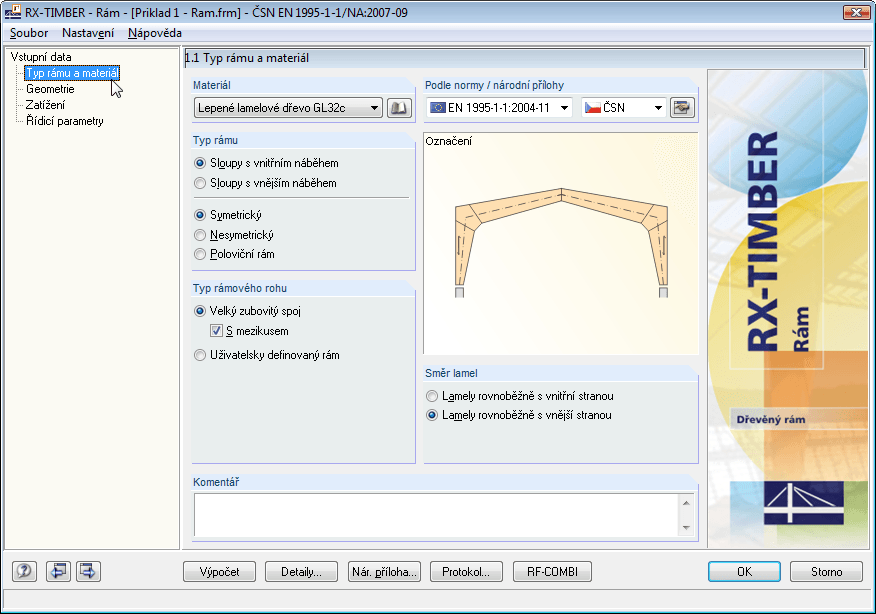 Dialog 1.1 Typ a materiál rámu