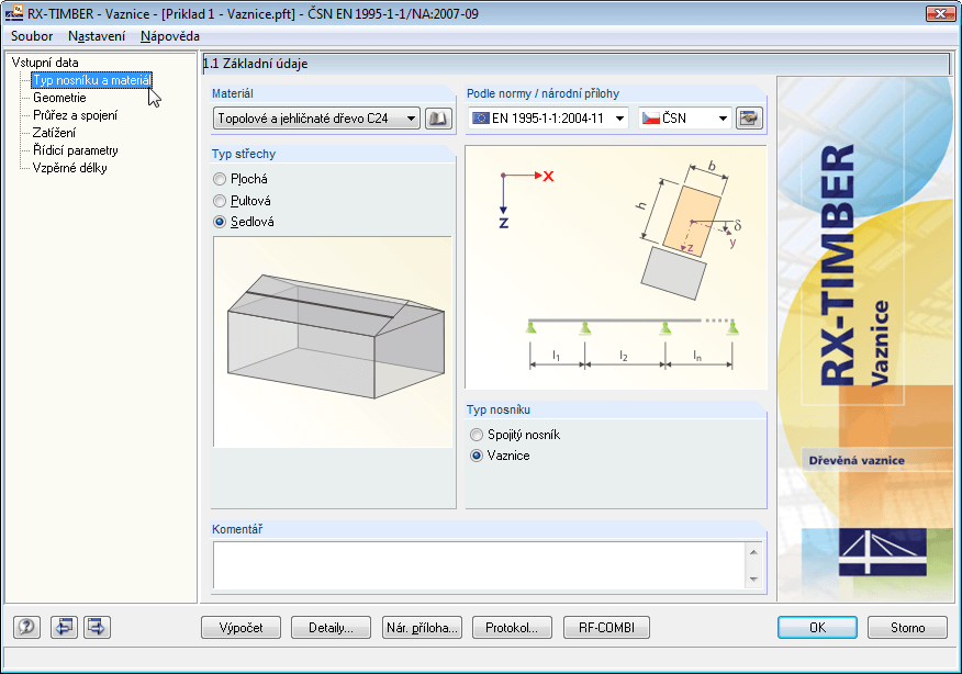 Dialog 1.1 Typ a materiál nosníku