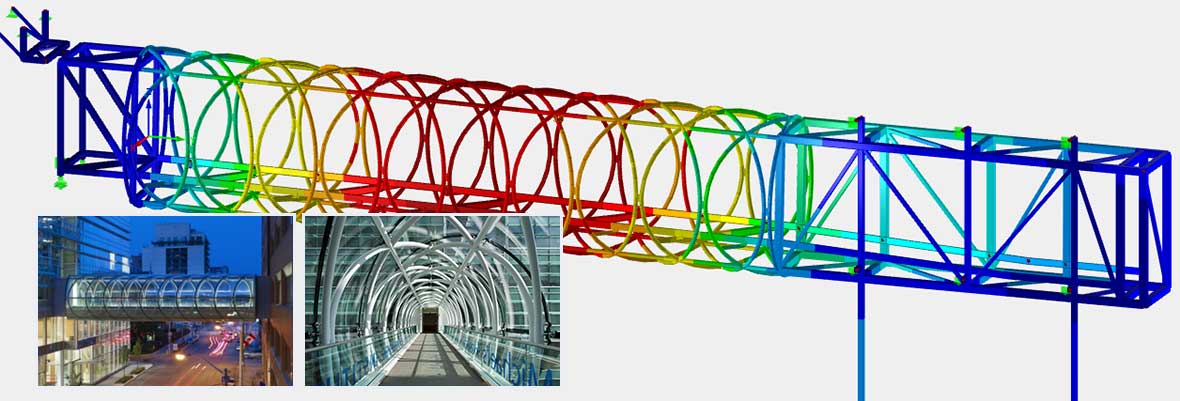 Modell mit visualisierter Verformung in Statikprogramm RSTAB | Prosklený lávka pro pěší | St. Michael's Hospital, Toronto, Kanada