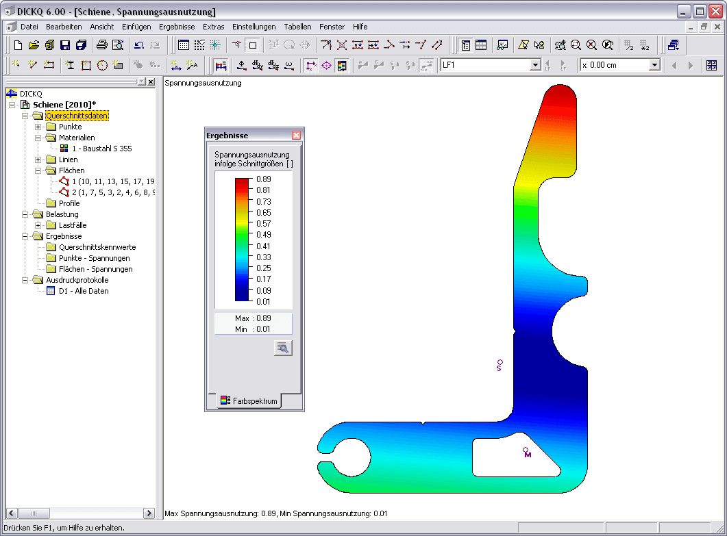 Querschnittswerte-Programm DICKQ | Ergebnisse - Spannungsausnutzung einer Schiene