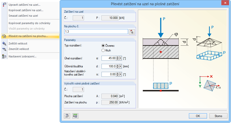 Obrázek 04 - Převod uzlového zatížení na plošné zatížení