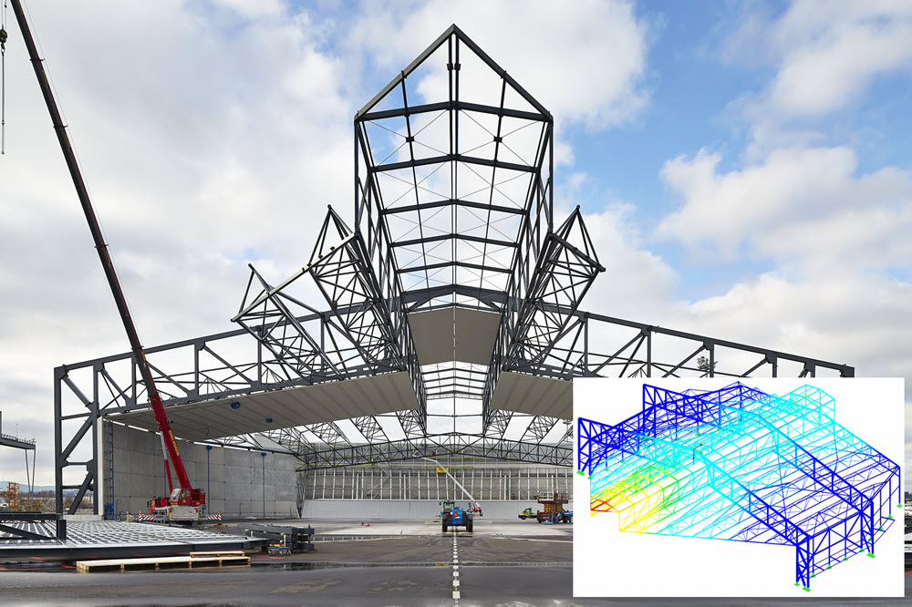 In RSTAB berechnete Schallschutzhalle am Flughafen Zürich (© www.wtm-engineers.de)