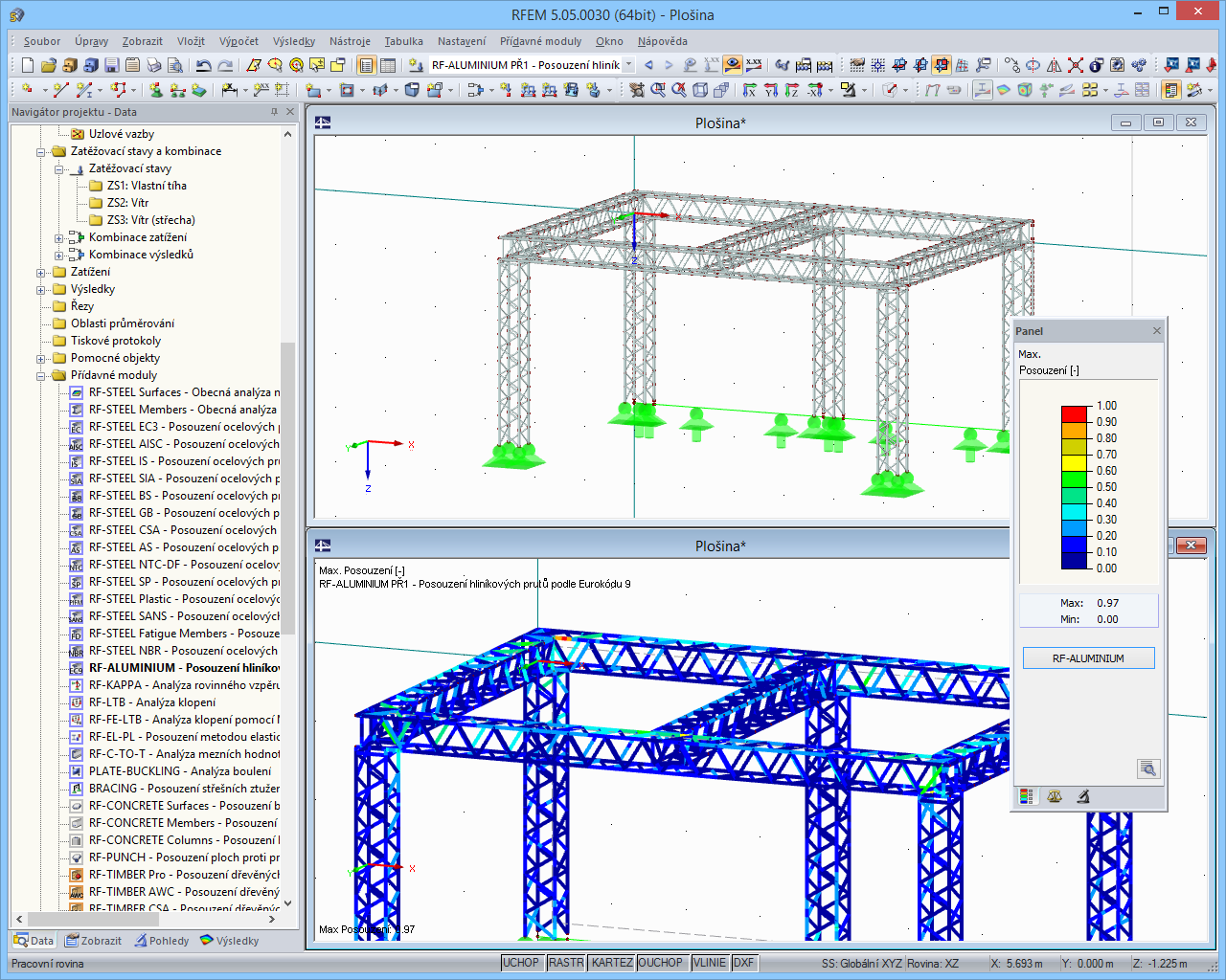 Modell einer Konzertbühne und grafische Darstellung der Bemessungsergebnisse von RF-ALUMINIUM in RFEM