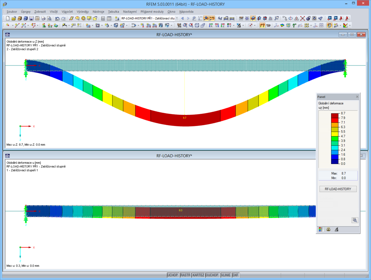 Darstellung der Verformung unter Volllast sowie plastische Verformung nach Entlastung in RFEM