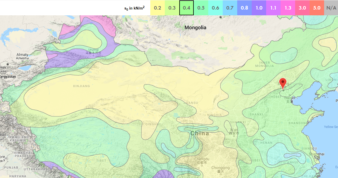 Mapa oblastí zatížení sněhem Číny