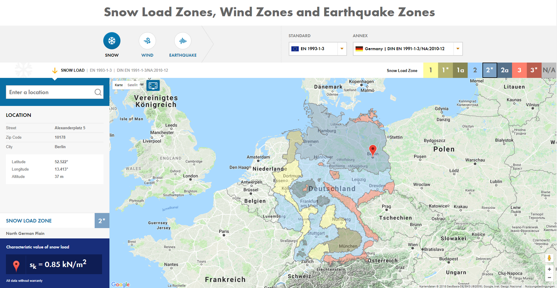 Mapa oblastí zatížení sněhem na stránkách společnosti Dlubal