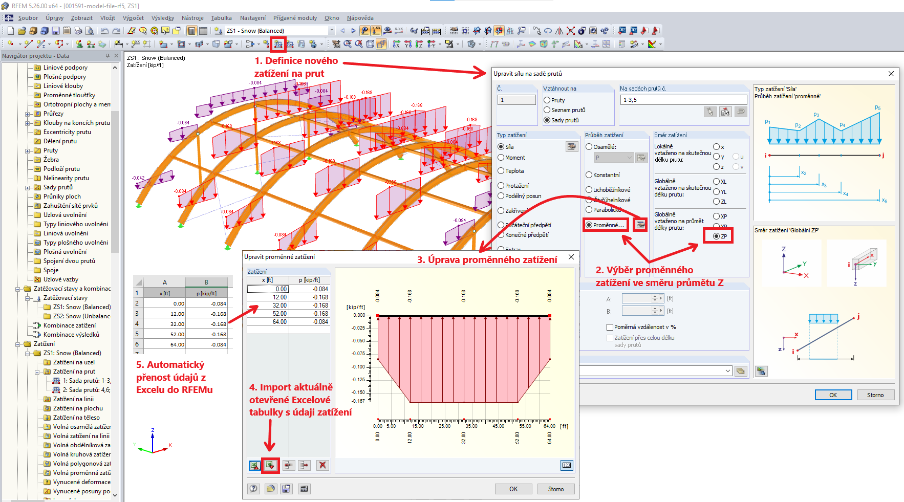 Import dat pro proměnné zatížení prutu z Excelu do RFEMu
