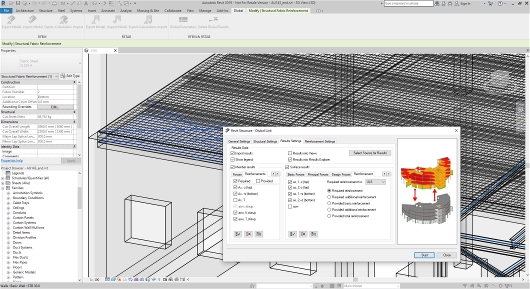 Plošná výztuž 3D v programu Revit vygenerovaná přímo na základě výsledků posouzení v programu RFEM
