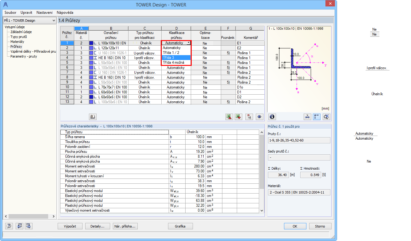 Ruční klasifikace průřezů v přídavném modulu RF-/TOWER Design