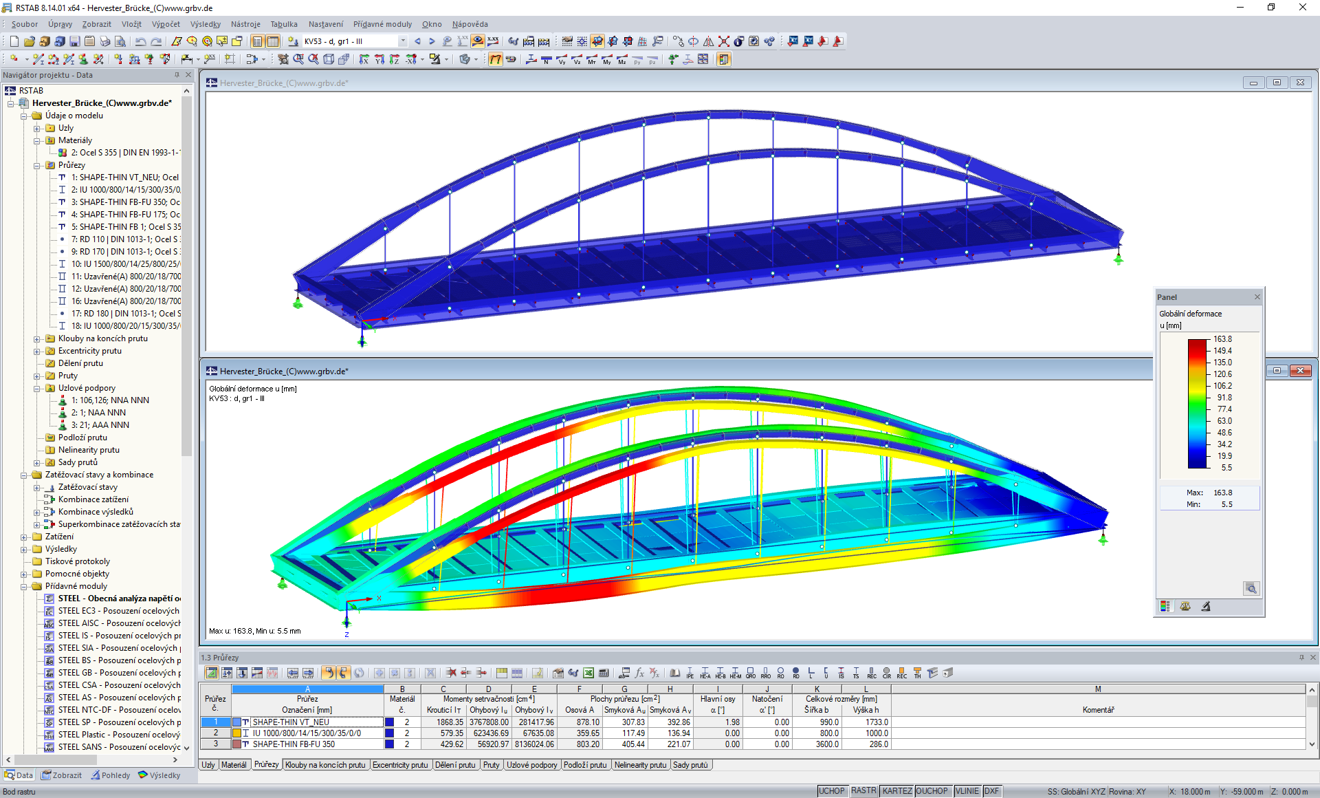 3D model (nahoře) a zobrazení deformace (dole) hervestského mostu č. 423 v programu RSTAB (© grbv)