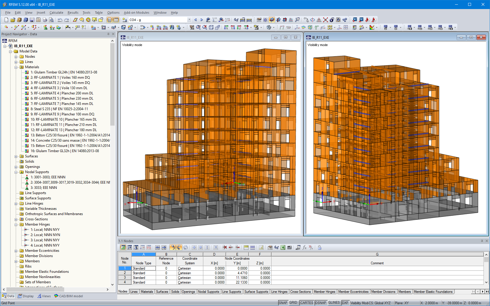 Různé pohledy na model dřevěné výškové budovy v programu RFEM