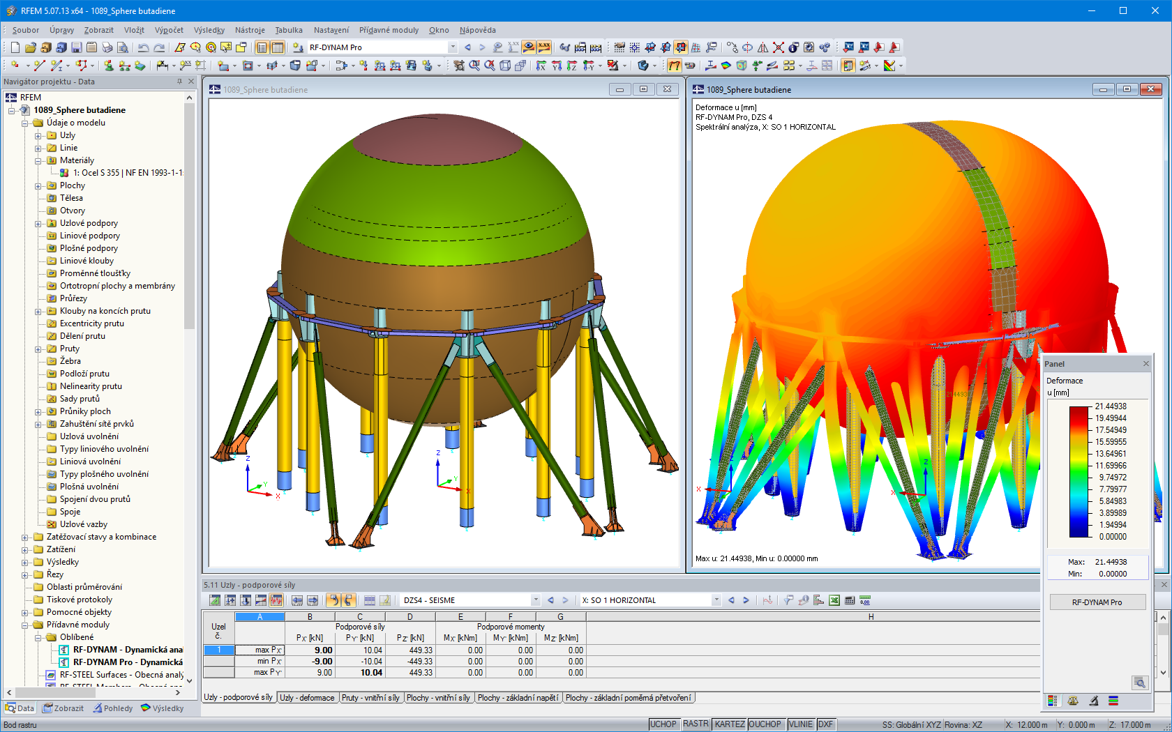 Analytisches 3D-Modell in RFEM (links) und in RF-DYNAM Pro berechnete Eigenform (rechts)