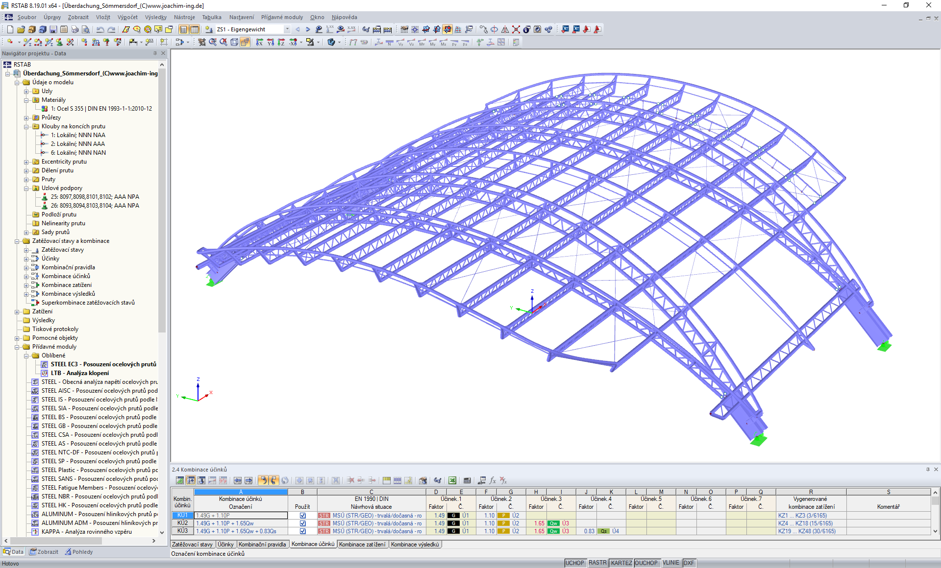 3D model střešní konstrukce v programu RSTAB (© Joachim Ingenieure)