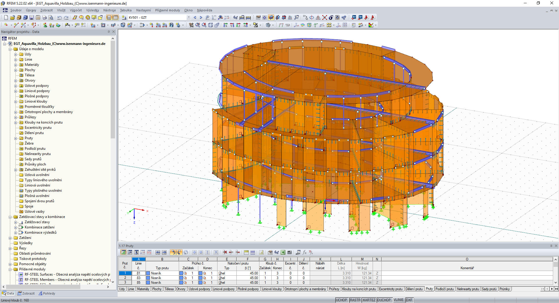 3D model čtyřpodlažní dřevěné konstrukce v RFEMu (© Isenmann Ingenieur GmbH)
