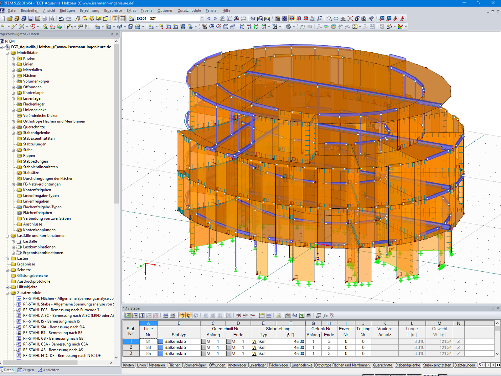 3D model čtyřpodlažní dřevěné konstrukce v RFEMu (© Isenmann Ingenieur GmbH)