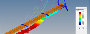 RFEM model zavěšeného mostu se znázorněním deformace (© www.ib-buxbaum.de)