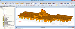 3D model dřevěné nosné konstrukce v programu RFEM (© Dr. Ing. Berger, Dr. Ing. Gadner Merano)