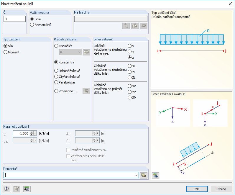 Dialog „Nové zatížení na linii“