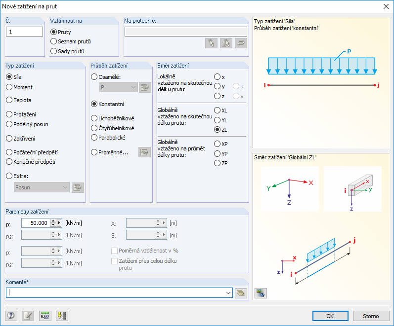 Zadání nového zatížení na prut