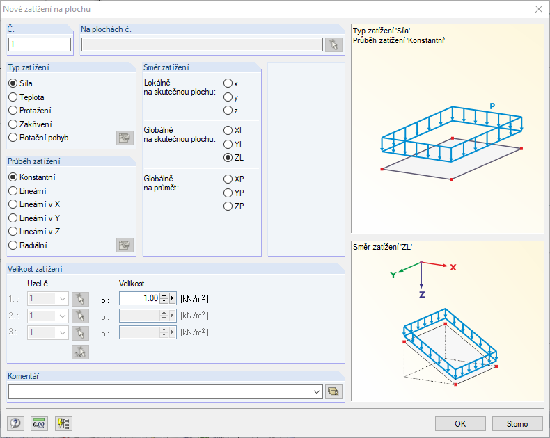 Dialog „Nové zatížení na plochu“