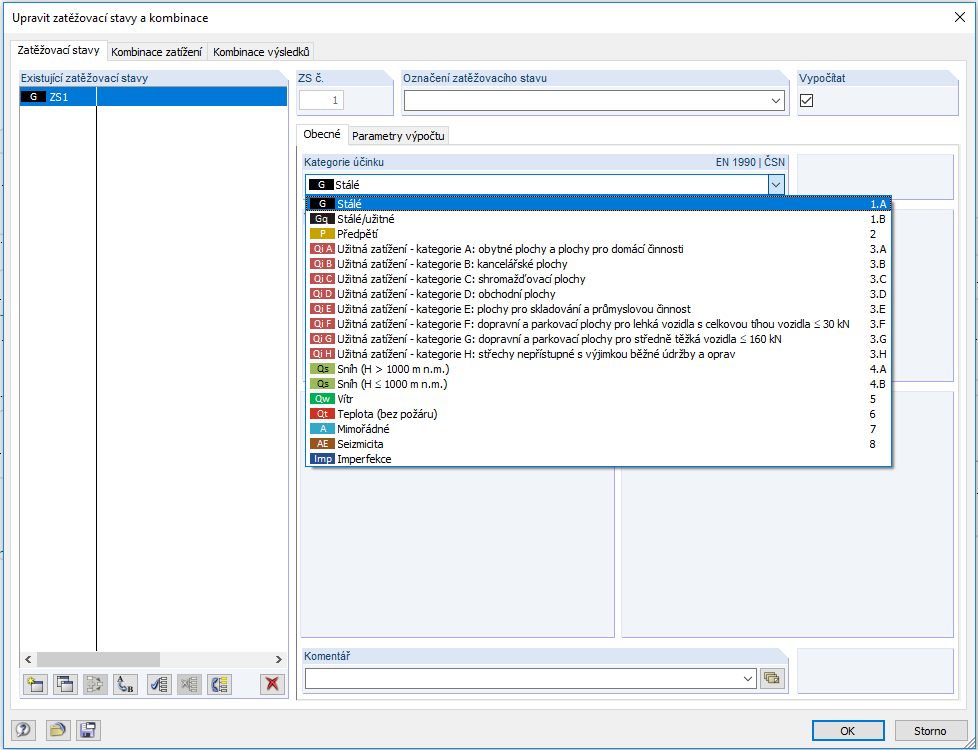 Dialog „Upravit zatěžovací stavy a kombinace“