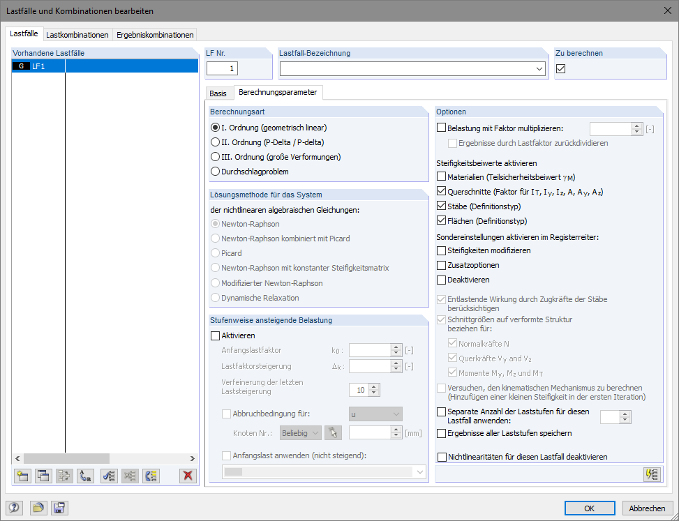 Dialog Parametry výpočtu zatěžovacích stavů