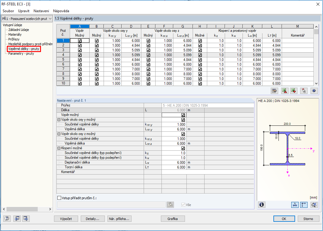 Dialog 'Vzpěrné délky - pruty' v přídavném modulu RF-STEEL EC3